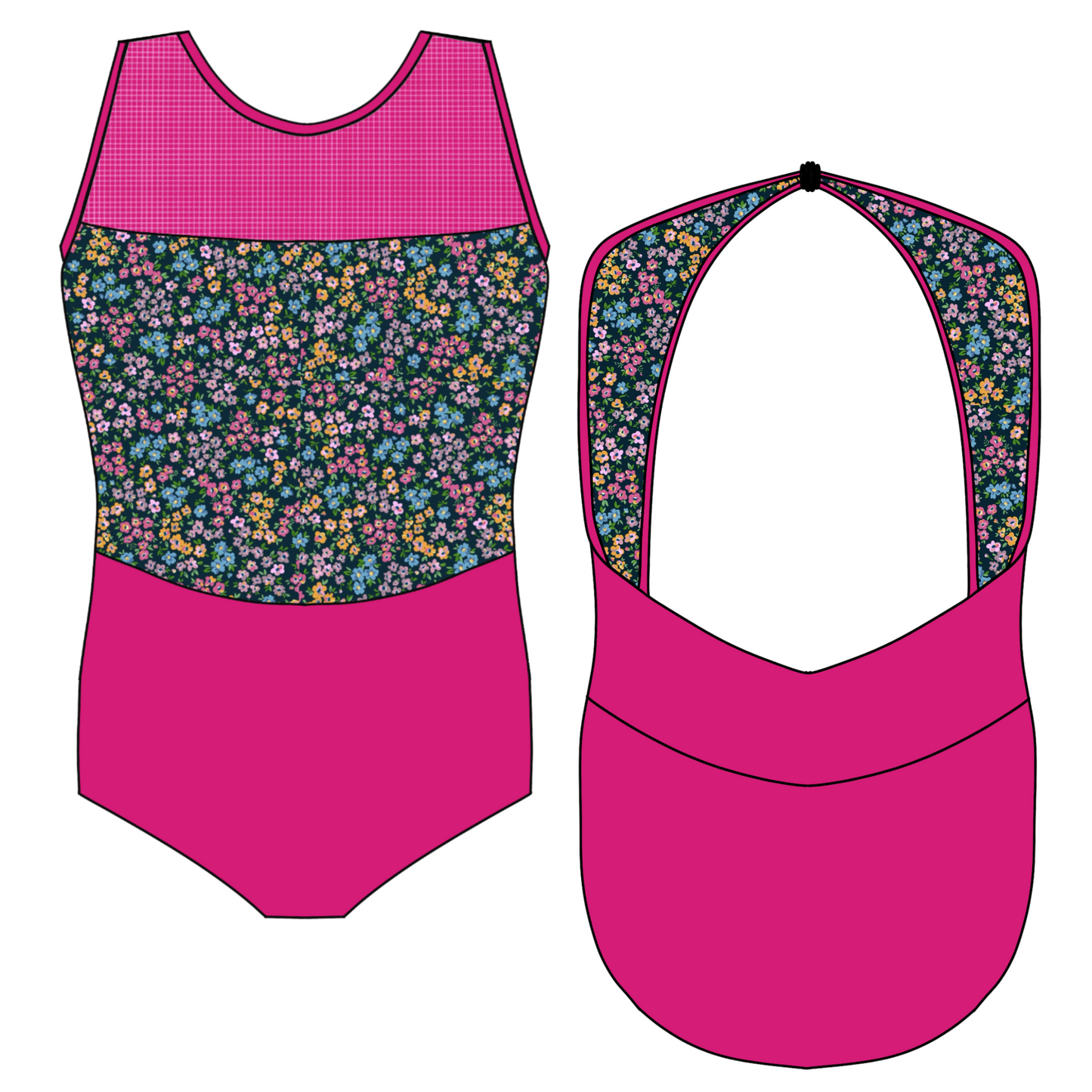 Y12 Kat Leotard Hot Pink / Black Flowers