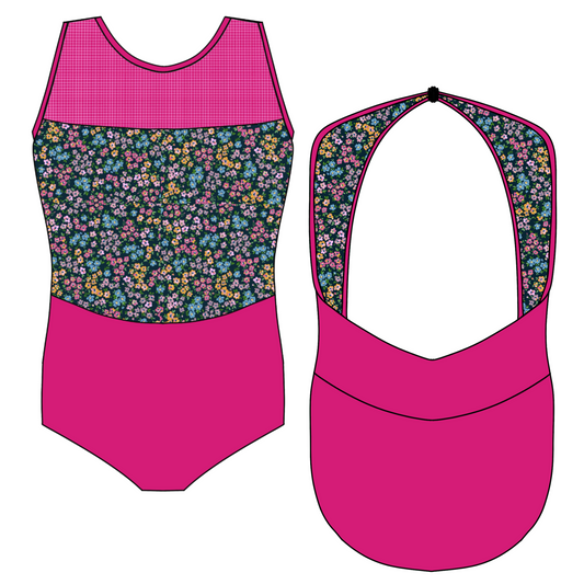 Y12 Kat Leotard Hot Pink / Black Flowers