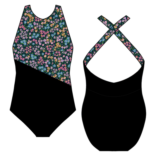 Y8 Abigail Leotard Asymmetrical Black Flower